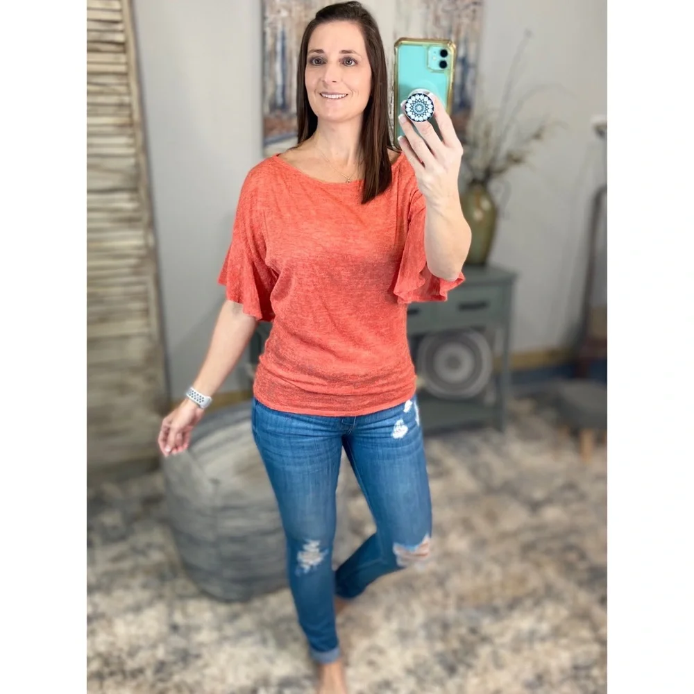 ❤️‍🔥Boat Neck Short Ruffle Bell Dolman Sleeve Top Coral 0922 - Picture 5 of 14